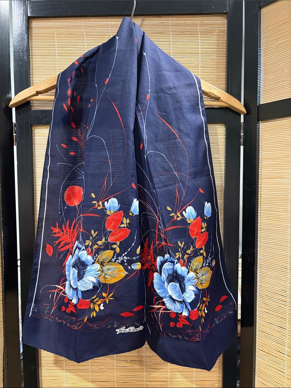 Navy Floral Silk-Feel Scarf with Blue & Red Blooms